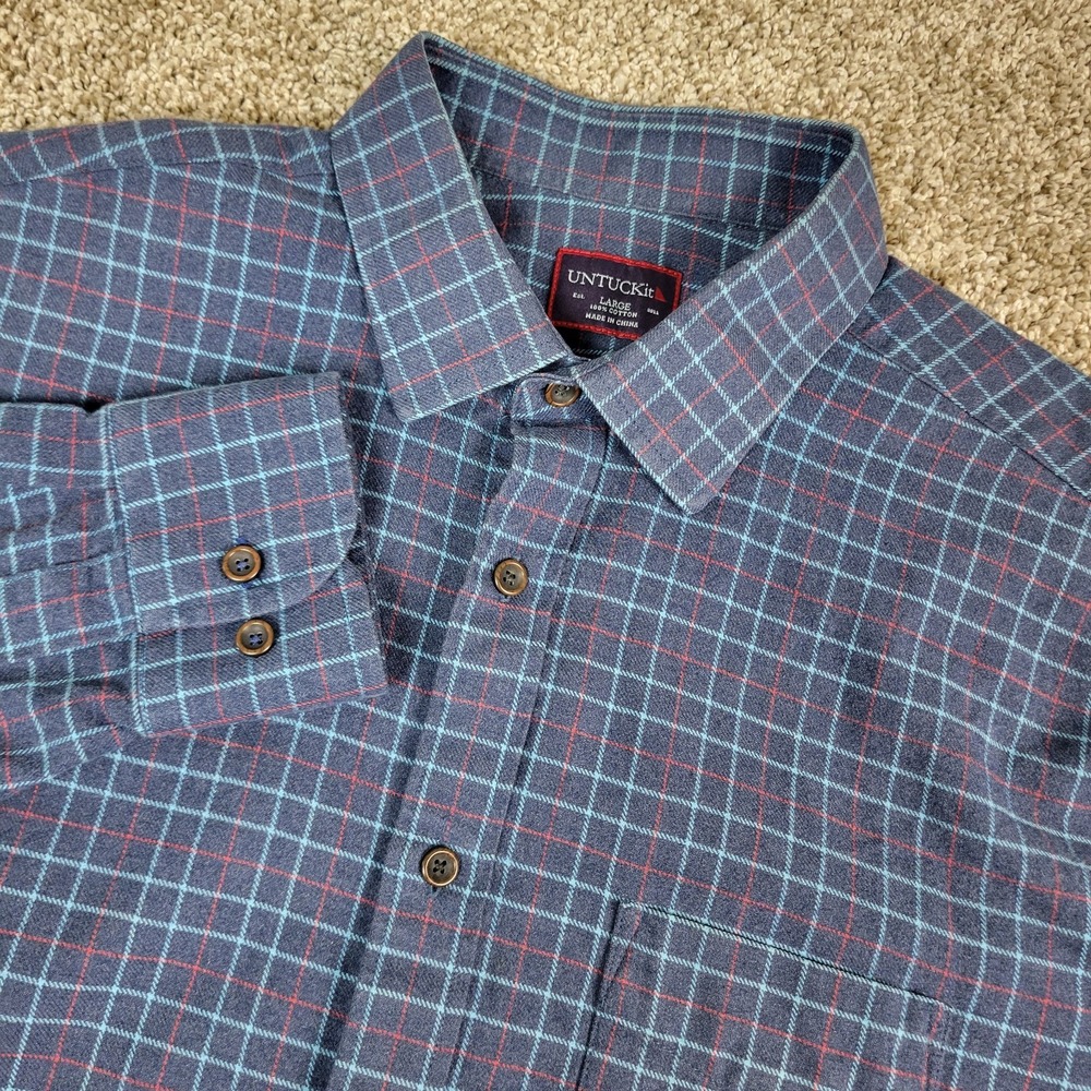 Untuckit‎ Mens Large Blue Check Button Up Long Sleeve Flannel
